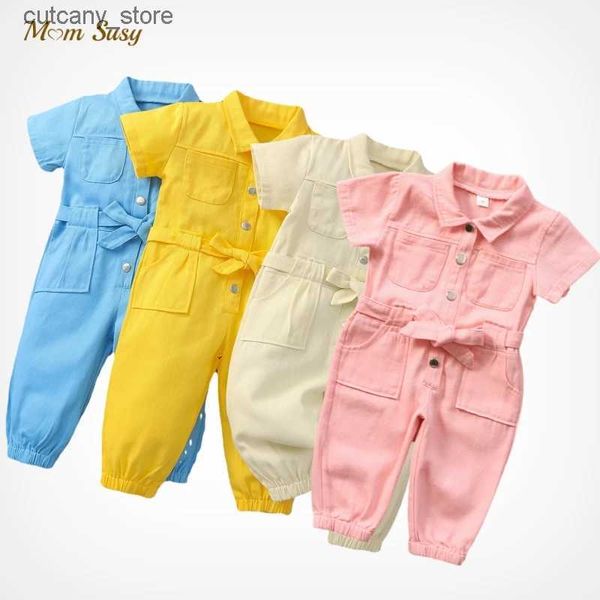 Macacões bebê menino menina romper jean infantil criança criança botão macacão manga curta casual verão primavera roupas de bebê 1-6y l240307