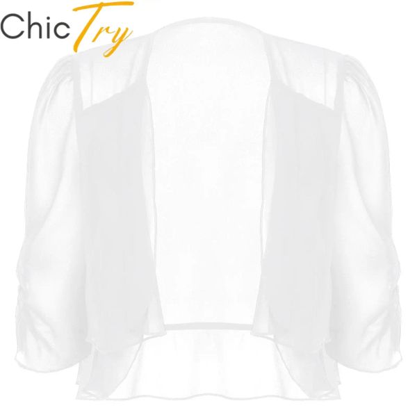 Giacche Coprispalle in chiffon da sposa da donna da donna Coprispalle aperto sul davanti Drappeggio estivo Cardigan Mezza manica trasparente Top corto Bolero Coprispalle per feste