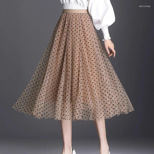 Röcke Hohe Taille Frühling Polka Dot Tüll Frauen Elegante Lange Rock Weibliche Koreanische Mode Mid-Kalb Dame Mesh P379