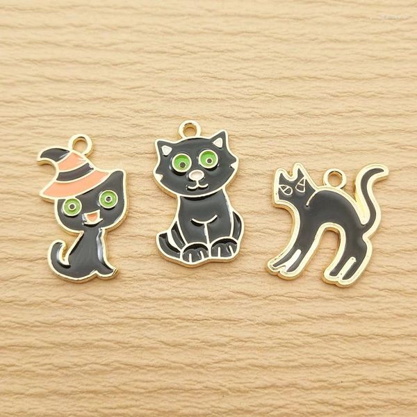 Encantos 10 pçs gato preto charme para fazer jóias esmalte colar pingente diy suprimentos pulseira telefone artesanato acessórios banhado a ouro