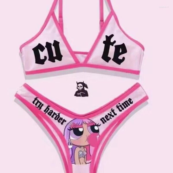 Costume da bagno da donna Costume da bagno con stampa di lettere punk gotiche Set bikini sexy da donna con motivo teschio con scollo a V, costume da bagno alla moda