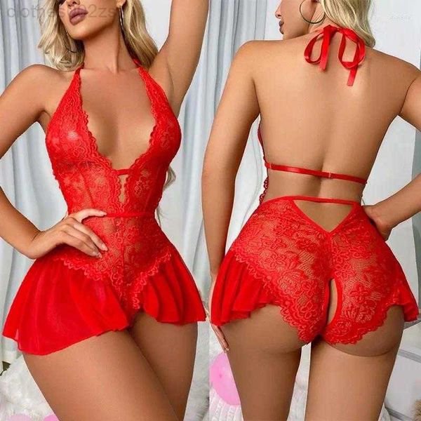 Indumenti da notte da donna con apertura sul cavallo Lingerie da donna Pigiama trasparente in pizzo Set Reggiseno sexy a V profondo Crotchless Pigiama Camicia da notte erotica6F18