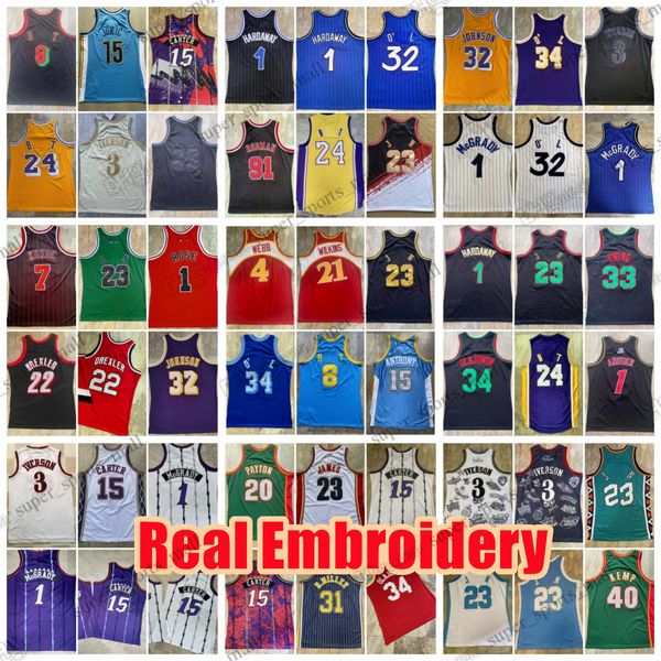 Gerçek Nakış Basketbol Forması 3 Allen Derrick Iverson Rose James Olajuwon Clyde Johnson Drexler Dikembe Steve Mutombo Nash Nowitzki Rodman Jason başka bir Kidd