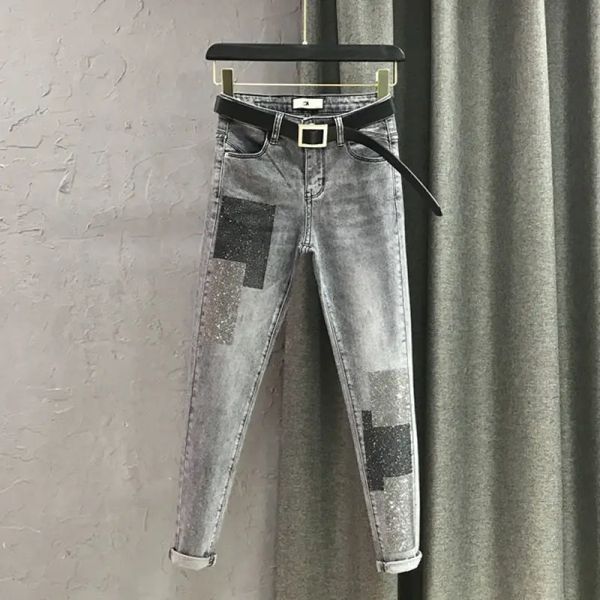 Jeans Rauchgraue Röhrenjeans Herbst Neue Damenmode Hot Diamond Kontrastfarbe Bleistifthose Neunte Hose