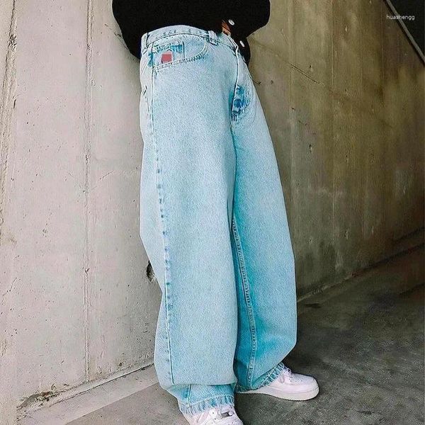 Jeans masculinos harajuku homens azul preto y2k goth solto reto hip hop streetwear igh end bordado simples moda perna larga calças homem baggy jeans