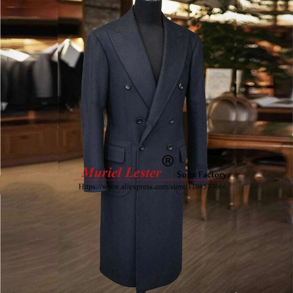 Jackets Navy Blue Trench Coat Men Slim Fit Tweed Wool Blend Suacte