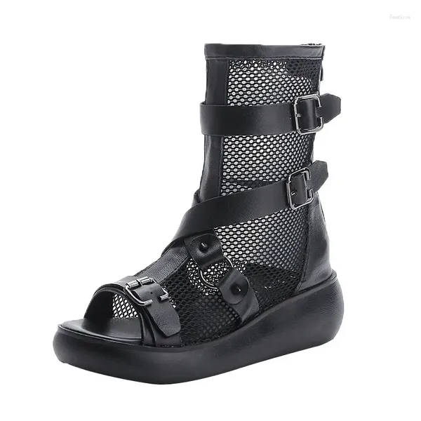 Sandalen 2024 Leder Coole Stiefel Damen ausgehöhlt Mesh atmungsaktiv High Top Keilplattform Peep Toe HQ016