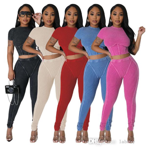 Stricken Rippen 2 Stück Set Frauen Trainingsanzug Tunika Taille T-shirt Crop Top Und Legging Hosen Sommer Mode Yoga Sets für Frauen Outfits