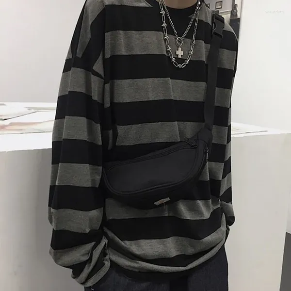 Homens camisetas Harajuku Oversized High Street Stripe T-shirt Mangas Compridas Estilo Vintage Al-Match Moda Top Algodão Qualidade Roupas de Bolso