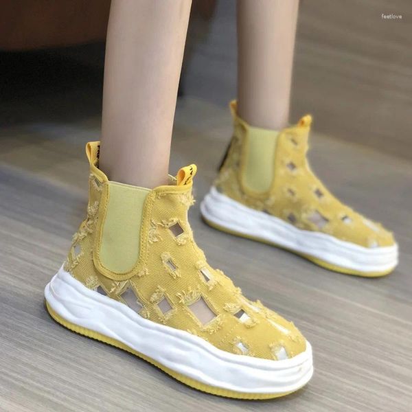 Botas Lucyever 2024 Mulheres Saltos Planos Tornozelo Buraco de Lona Deslizamento em Sapatos de Plataforma Mulher Verão Outono Respirável Casual Femme