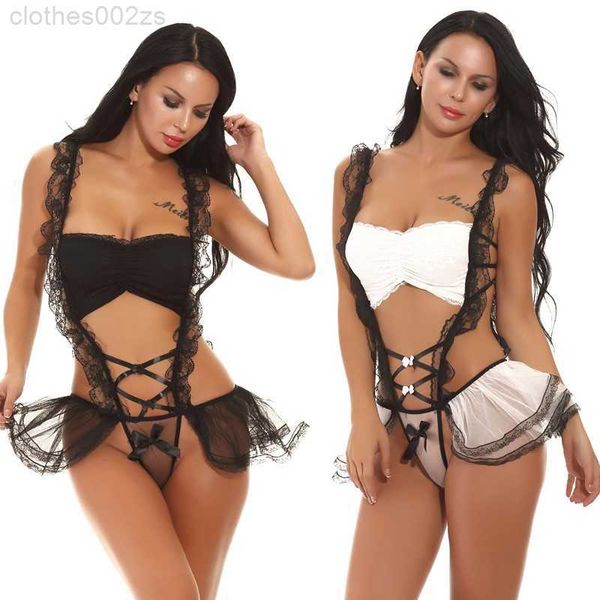 Damen-Nachtwäsche, Valentinstag, Halloween, sexy seitliche Spitze, Netzrüsche, rückenfrei, Dienstmädchen-Cosplay-Kostüm, Teddy-Dessous-Pyjama, Schwarz, Weiß, Großhandel0LNR