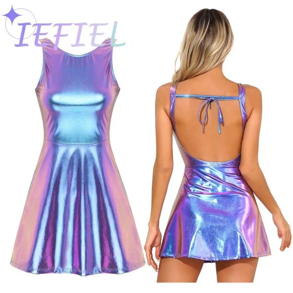 Dress Hot Girl Girl Metallic Shiny Slessless Cocktail Party Aline Mini Abite High Waist Club Party Disco Olografico Jazz Costume