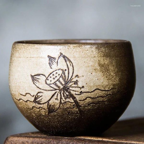 Tassen Untertassen 3 Stil / Los Handgravur Keramik Japanischer Wein Wasser Teetasse Set Teegeschirr für Zeremonie Kaffeetassen Chinesische Teetasse