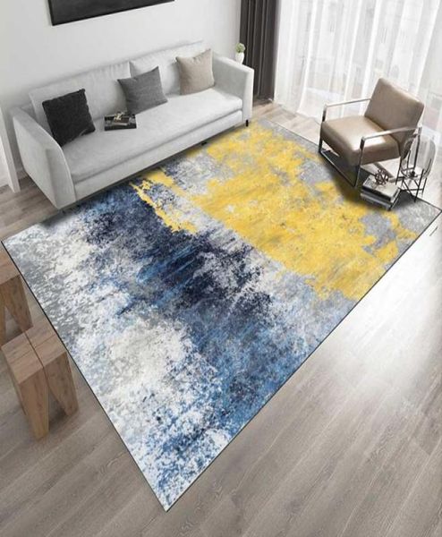 Abstrato pintura a óleo padrão tapetes sala de estar mesa café antiderrapante tapete moderno amarelo azul quarto área cabeceira811639621311