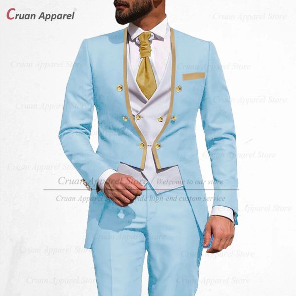 Pantolon özel lüks mavi erkek takım elbise setleri 3 adet erkekler için moda düğün takım elbise en iyi adam kuyruk kat altın düğmeleri ceket yelek pantolon smokin