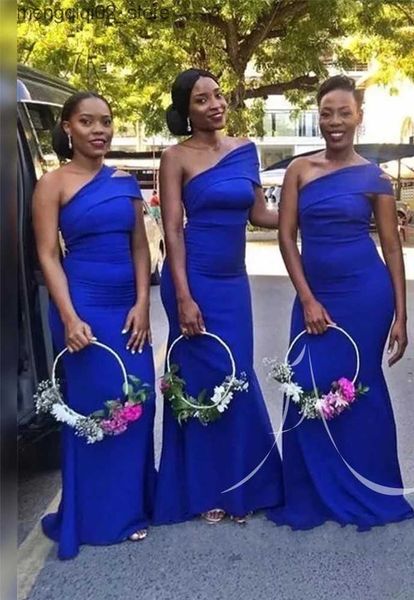 Vestidos Sexy Urbanos South Afircan Plus Size Dama de Honra para Casamento Azul Royal Elegante Cetim Mulheres Vestidos de Festa Formal Um Ombro Trem de Varredura Q240307