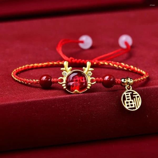 Braccialetti a maglie Drago zodiacale Bracciale con animali intrecciati a mano Bracciale con perline di trasferimento a forma di stile cinese Amuleto Corda rossa fortunata