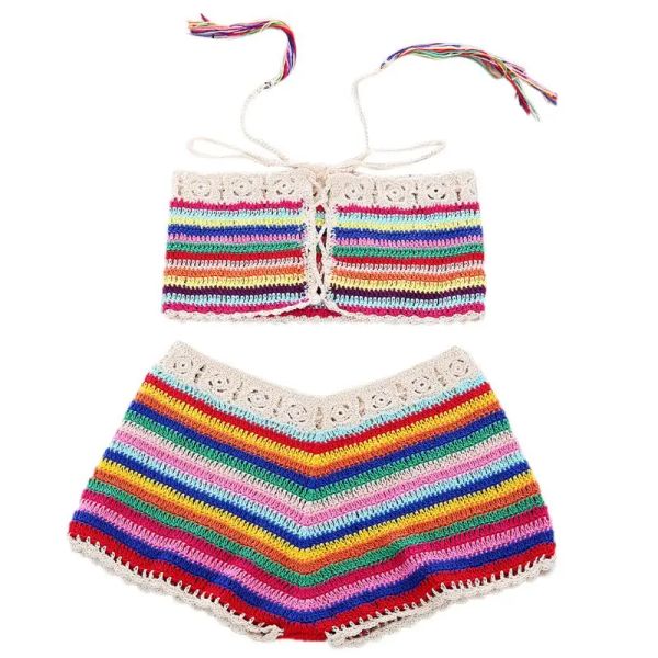 Costume da bagno da donna sexy bohémien arcobaleno fatto a mano all'uncinetto lavorato a maglia bikini con coulisse in pizzo