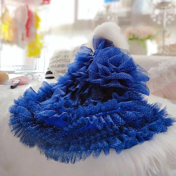 Cão vestuário filhote de cachorro roupas artesanais luxo azul cauda longa renda vestidos de casamento para pequenos casacos de estimação trajes poodle chihuahua