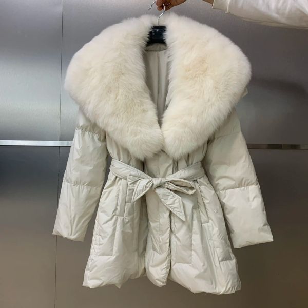 Pelz Neue Winter Frauen Gans Unten Jacke Mit Gürtel Mode Schlanke Feder Puffer Mantel Schnee Outwear Riesige Natürliche Fuchs Pelz kragen