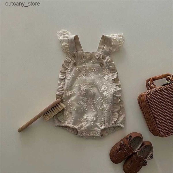 Tute Vintage Baby Lace Ricamo Strap Pagliaccetto Stile coreano 2023 Primavera Estate Bambino Vestiti per ragazze L240307