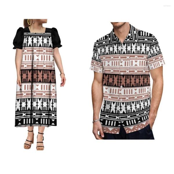 Partykleider 2024 Puffärmel-Design Damenkleid Herrenhemd Benutzerdefinierter Retro-Stamm Polynesischer Kunstdruck Paar-Set Sommerqualitätsstoff