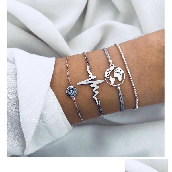 Charm Armbänder Herzschlag Armband Weltkarte Legierung Ecg Mtilayer Wrap Modeschmuck Set Will und Sandy Drop Lieferung DHNRF