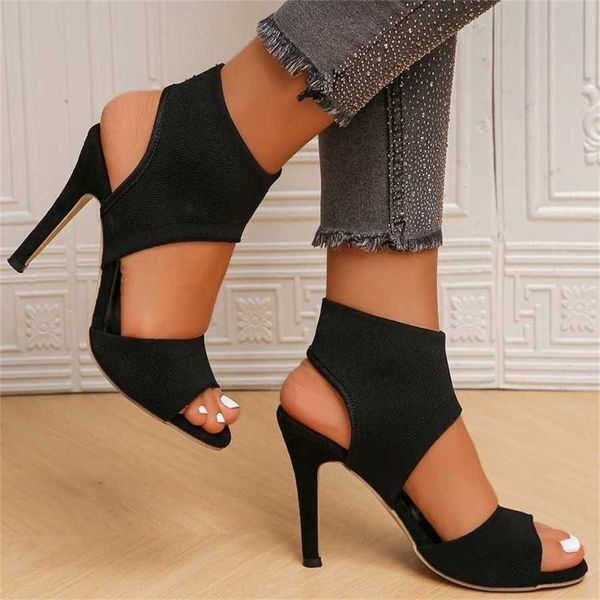Sapatos femininos de moda de moda confortável Saltos de areia super altos Saltos pretos finos para mulheres Flyknit Fish Boca Sandals Plataforma 240228