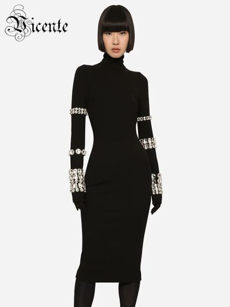 Vestido vc vestidos de festa de luxo para mulheres luvas de manga comprida com bandagem de cristal preto midi vestido de noite 2023 outono inverno