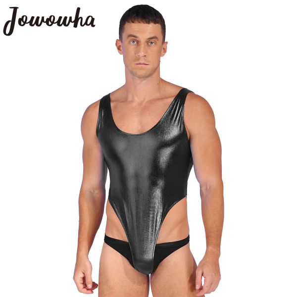 Herren-Bademode, glänzender Body, Einteiler, Badeanzug, Wet-Look, Leder, hoch geschnittenes Trikot, dehnbare Badebekleidung, Badeanzug, Party, Nachtwäsche, Clubwear