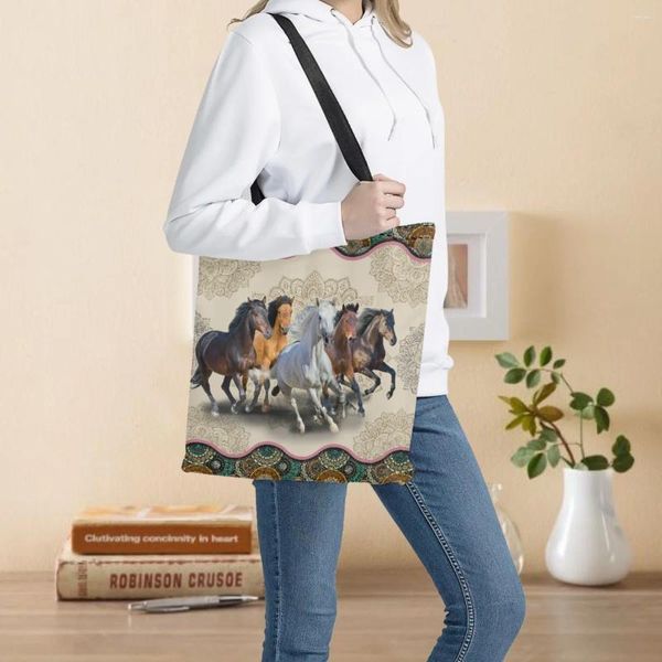 Sacos de compras feminino boêmio cavalo impressão lona grande capacidade mãe supermercado bolsa estilo boho eco-friendly sacola feminina