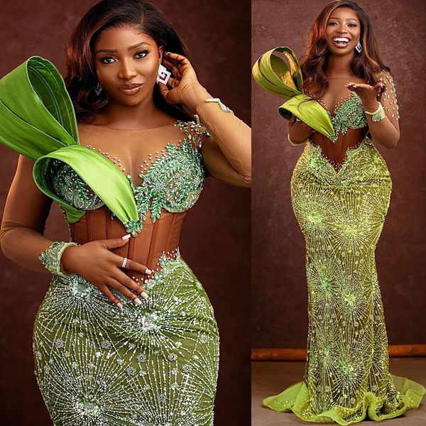 2024 Aso Ebi Green Illusion Mermaid Prom Dress für schwarze Frauen Abend formelle Party Zweiter Empfang 50. Geburtstag Verlobungskleider Kleider Robe De Soiree ZJ174