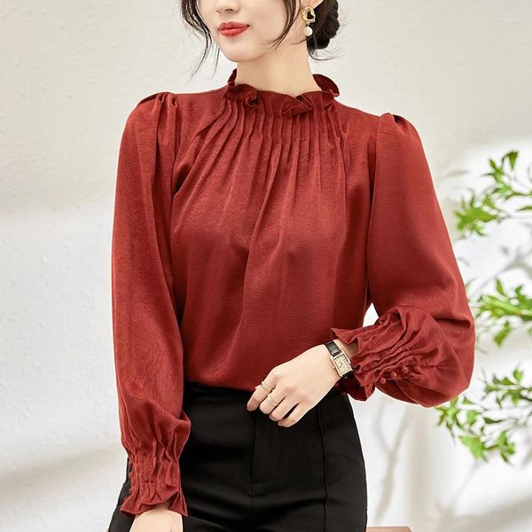 Женские блузки, весенне-осенняя винтажная блузка с длинным рукавом, элегантные модные рубашки для женщин, свободные топы, однотонная женская красная, черная рубашка