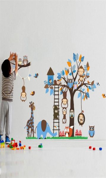Grande árvore animal adesivos de parede para crianças decoração do quarto macaco coruja raposa urso zoológico adesivos dos desenhos animados diy crianças bebê casa decalque mur5494207