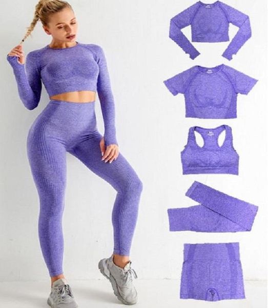 Autunm winter Gym 5-teiliges Damen-Vital-Nahtloses Yoga-Set Workout-Sportbekleidung Gym-Bekleidung Kurzes Langarm-Crop-Top-Leggings mit hoher Taille7452658