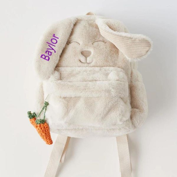 Rucksack, personalisierbar, benutzerdefinierter Beige-Plüsch, niedliche Karotte, hängendes Ohr, bestickte Kinder-Geschenktasche für Damen mit Namen