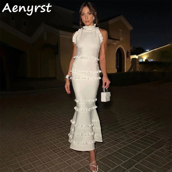 Aenryst Elegante Meerjungfrau Satin Abendkleider 2024 Hoher Kragen Rüschen Bodycon Prom Kleid Tee Länge Party Kleid 240227