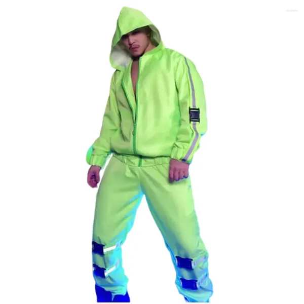 Palco desgaste bar nightclub homens hip hop dança 2 peças conjunto fluorescente verde solto com capuz jaqueta calças outfit cantor dançarino mostrar traje