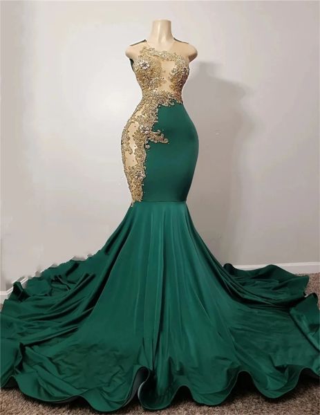 Emerald Green Meerjungfrau Afrikanische Abschlussballkleid für schwarze Mädchen Gold Applique Diamantkristall Gillter Rock Abend Formal