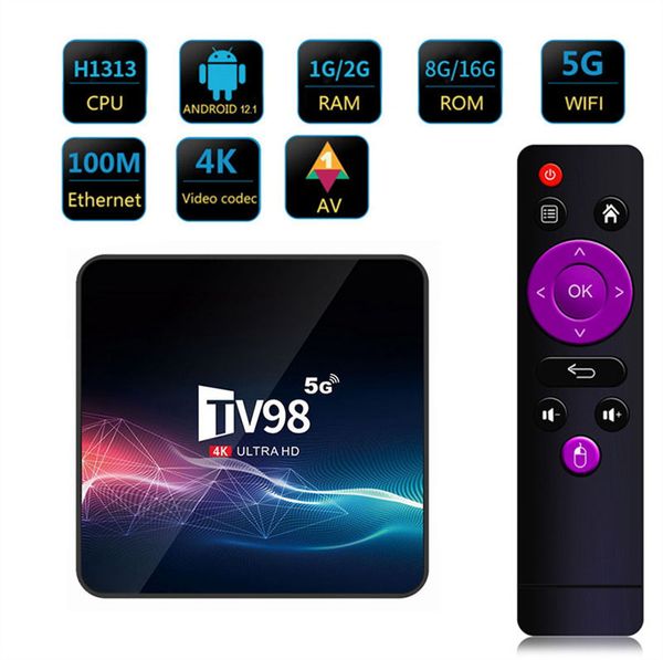 Aparelho de TV Android 12.1 TV98 Allwinner H313 Quad Core V11 1G/8G 2G/16G 2.4G/5G Dual WIFI H.265 UHD 4K Smart Media Player Set-top Televisão Digital