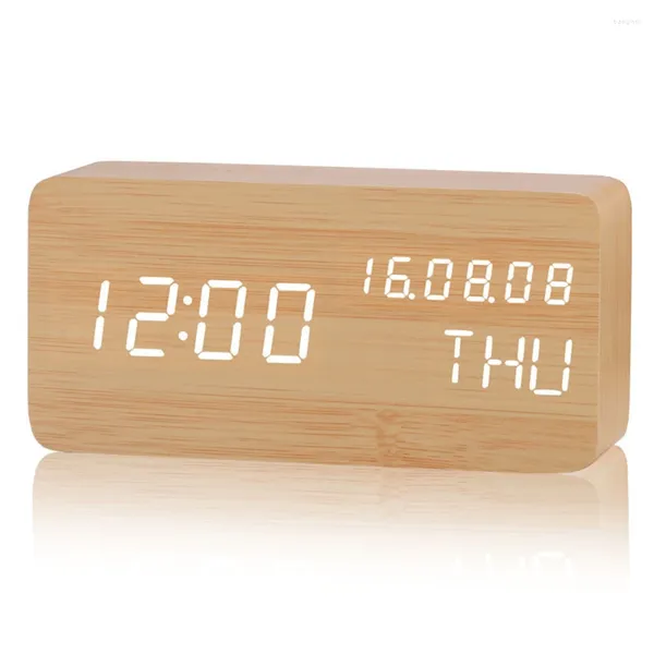 Orologi da tavolo Sveglia da tavolo Creativo USB in legno plug-in multifunzione muto elettronico con data e temperatura Decorazione domestica