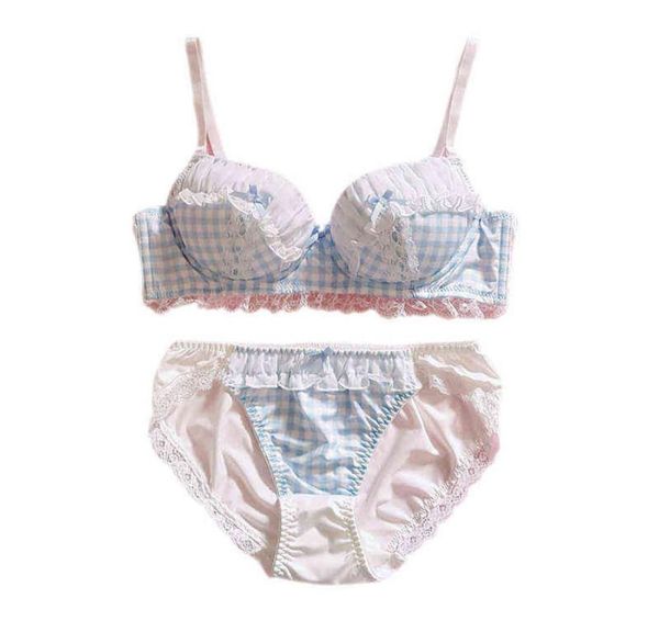 Nxy conjunto sexy bonito estilo japonês céu azul xadrez sutiã calcinha conjunto underwire roupa interior macia íntima kawaii lolita renda sexy linge6002208