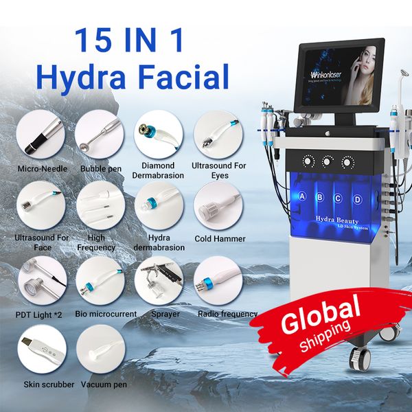 Con approvazione FDA Hydra viso acqua microdermoabrasione pelle pulizia profonda macchina idrofacciale ossigeno mesoterapia pistola Rf Lift ringiovanimento viso Hydro 15 In1