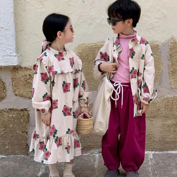 Vestidos da menina outono meninas saia meninos e roupas peônia retalhos vestido das crianças meninos lapela camisa casual irmão irmã terno