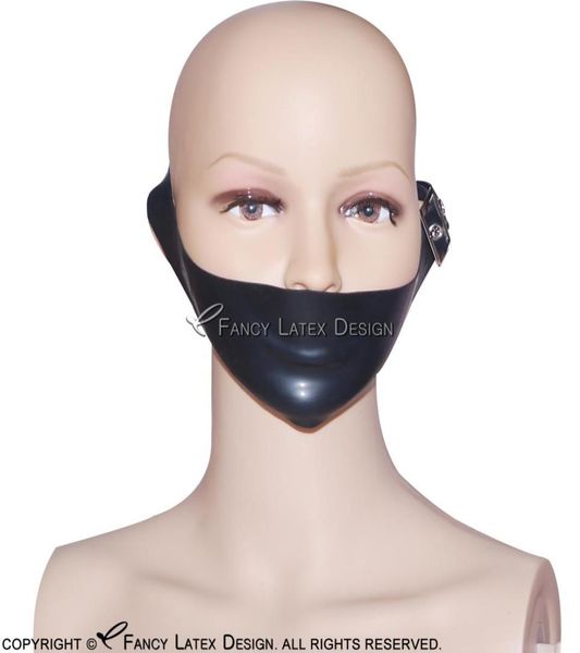 Schwarze Sexy Bondage Latex Mundmaske Gummi Gesichtsmasken Kapuze geschützt mit Gürtelschnallen 00267653578