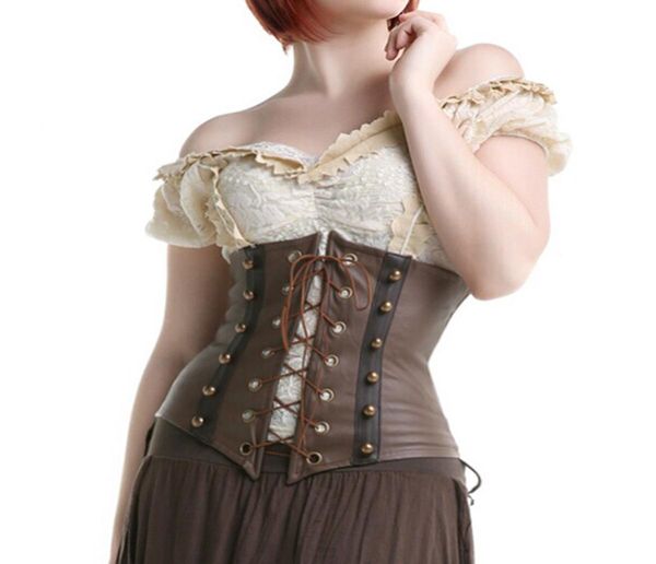 2017 sexy gótico steampunk falso espartilho de couro underbust marrom corpo shaper corselet bustier corsage frente renda para mulher sxxl9507971