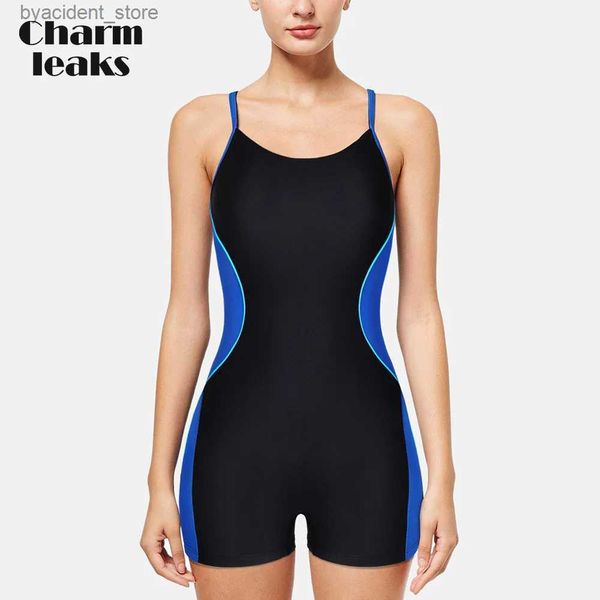 Mulheres Swimwear Charmleaks Womens One Piece Sports Swimwear Boyleg Pro Swimsuit Beach Wear Colorblock Racerback Biquíni L240308