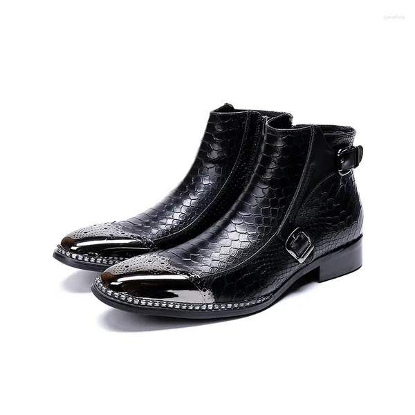 Botas de inverno homens genuíno couro pele de cobra metal redondo dedo do pé aumentado moda vestido fivela botas militares