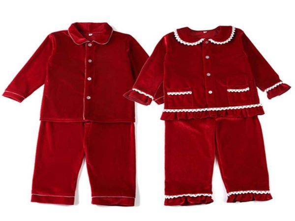 Inverno boutique veludo tecido vermelho crianças roupas pijamas com renda criança meninos conjunto pijamas menina bebê sleepwear 2109083291019