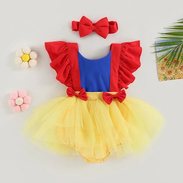 Bonito roupas de bebê verão infantil da criança meninas princesa roupas malha retalhos macacão vestido com bandana 240308